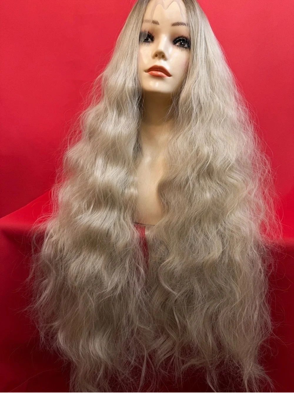 36” Human Hair Blend Soft Wavy Front Lace Dark Roots Ash Blonde Heat Resistant